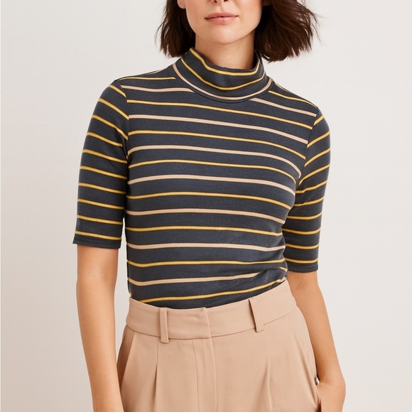 ANN TAYLOR Mock Neck Navy Striped Elbow Sleeve Top - Picture 2 of 9